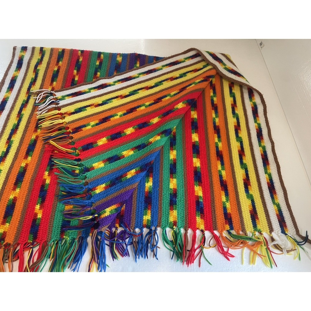 Grannycore Vintage Handmade Afghan Throw Blanket Rainbow Colors Fringe 68"x47"